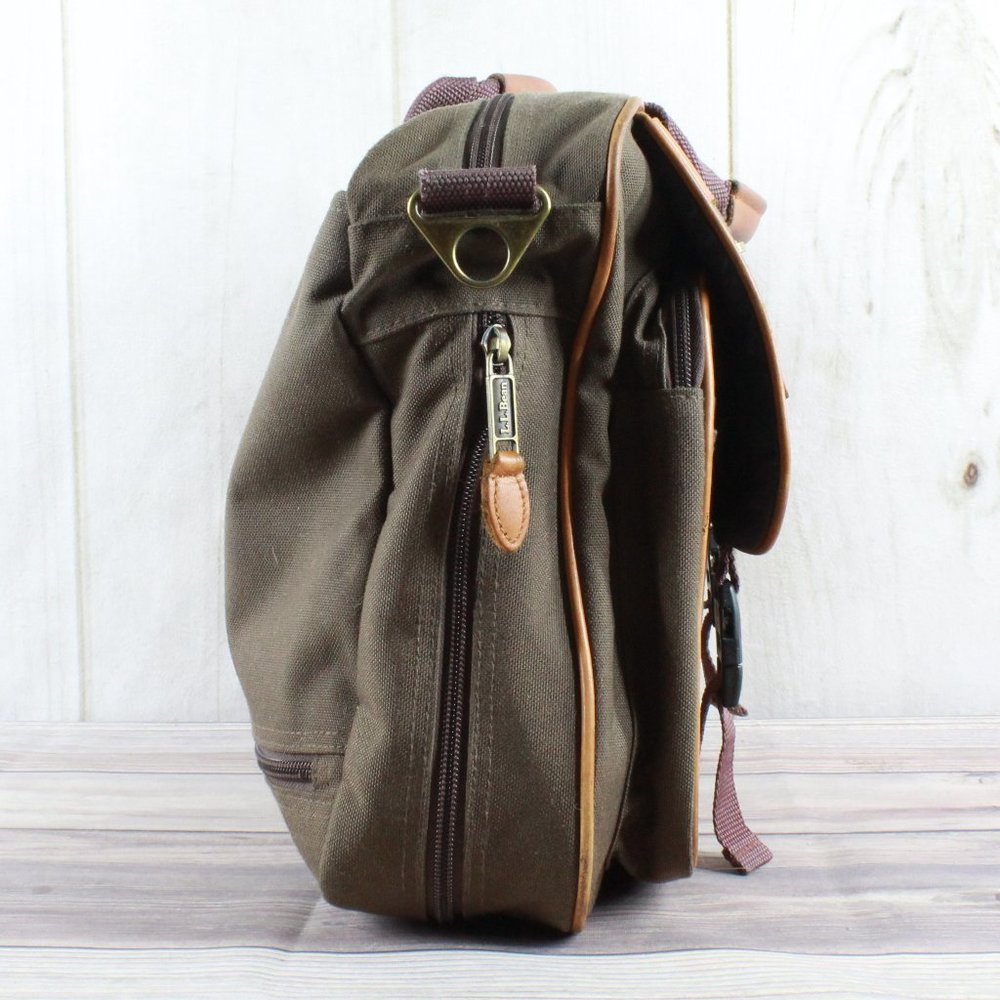 LL Bean Green Leather Brown Trim Embroidered "JGP" Messenger Bag Work - Picture 3 of 11